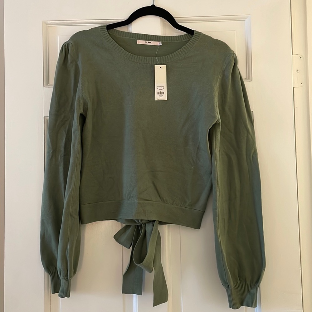 Sage Green Puff Sleeve Sweater with Back Bow